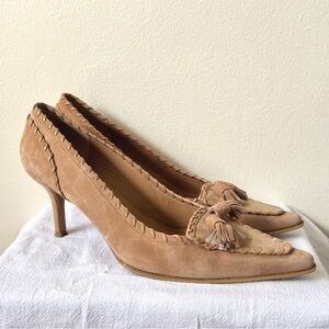 Stuart Weitzman Whipper whip stitch tan suede pointed toe heels with tassels